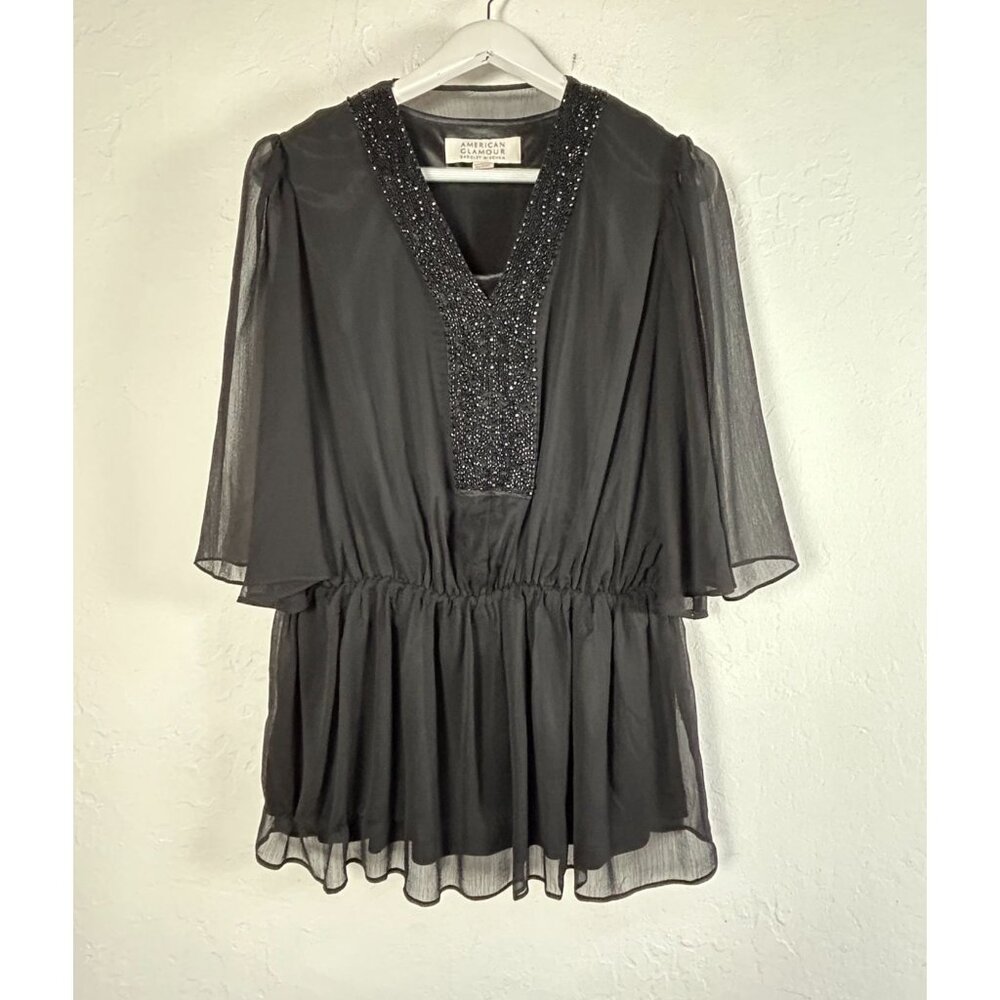 American Glamour Badgley Mischka Blouse Silver Metallic Beaded V-Neck Top Medium